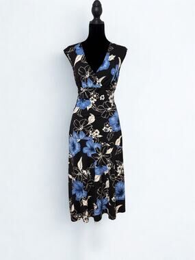 Vtg Y2K Byer Too Black Sleeveless Surplice Wrap Dress Blue Floral Print Size M